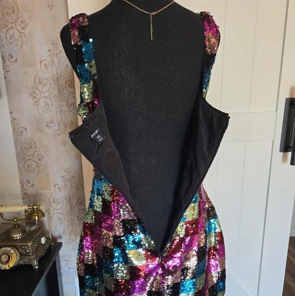 NASTY GAL Sequin Colorful Checkerboard Mini Dress Size 8 - Picture 13 of 14